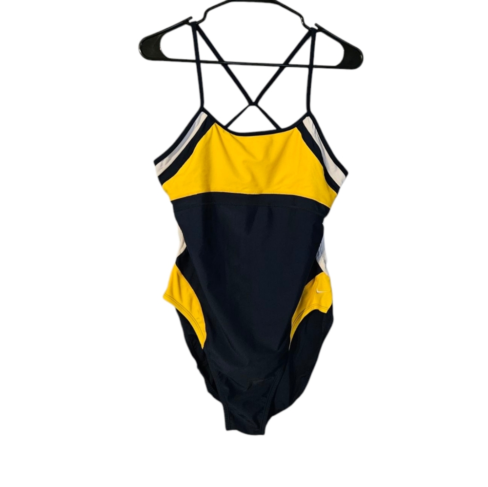 Nike Women's Yellow And Navy Blue  Cut Out Tank One-Piece Swimsuit Size 12